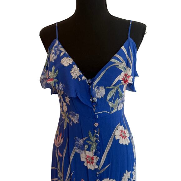 Zara Blue Floral Spaghetti Strap Button Front Ruffle Detail Maxi Dress - s - Picture 4 of 12
